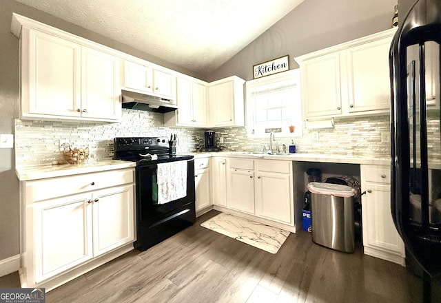 110 Waterloo Dr, Mount Airy, GA 30563 - kitchen featuring black / electric stove, under cabinet range hood, lofted ceiling, refrigerator, and dark wood-style floors