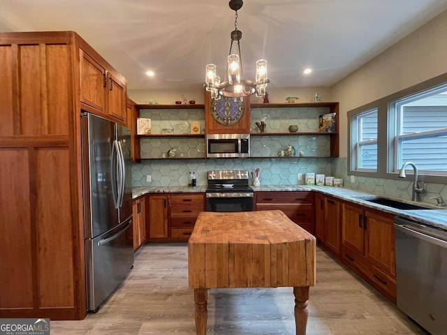 400 Mulberry Cir, Jasper, GA 30143 - kitchen with appliances with stainless steel finishes, open shelves, wooden counters, light wood-type flooring, and recessed lighting