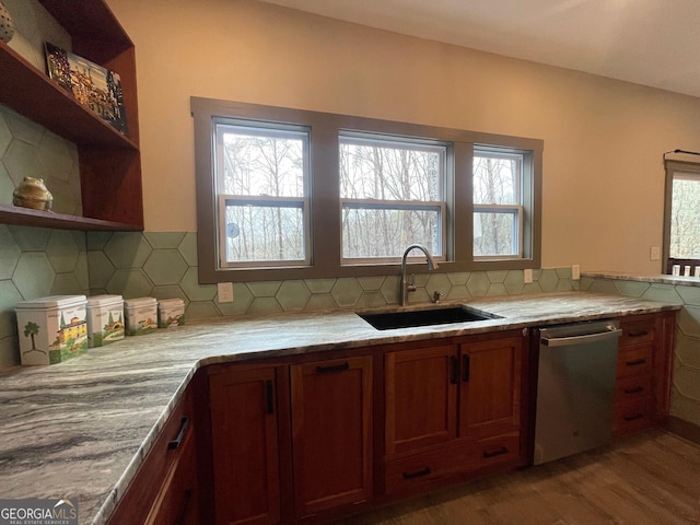 400 Mulberry Cir, Jasper, GA 30143 - kitchen with dishwasher, wood finished floors, healthy amount of natural light, and open shelves