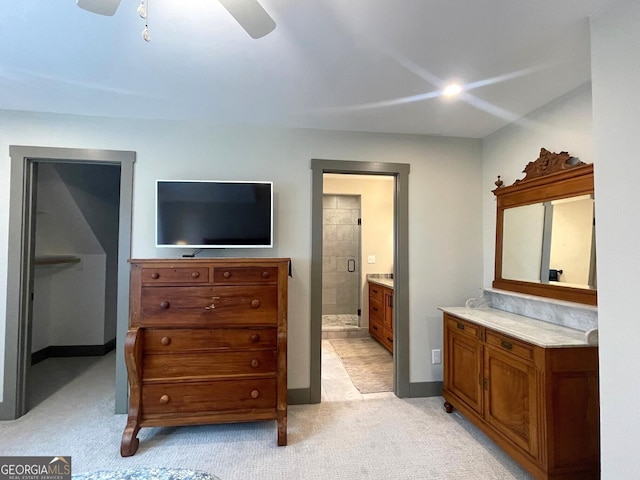400 Mulberry Cir, Jasper, GA 30143 - bedroom with light colored carpet, connected bathroom, and ceiling fan