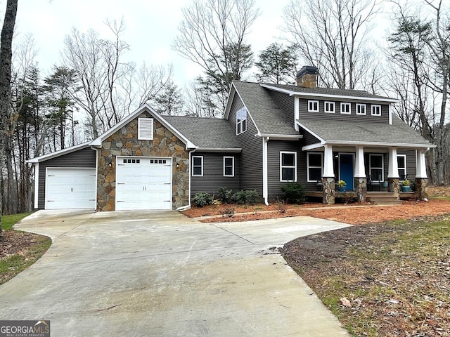400 Mulberry Cir, Jasper, GA 30143 - craftsman-style house featuring a porch, a chimney, stone siding, a shingled roof, and concrete driveway