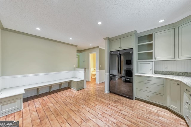 405 W Leslie Ct, Woodstock, GA 30188 - kitchen with freestanding refrigerator, green cabinetry, ornamental molding, a textured ceiling, and open shelves