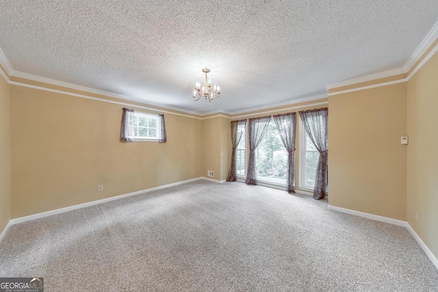405 W Leslie Ct, Woodstock, GA 30188 - unfurnished room featuring a chandelier, a textured ceiling, ornamental molding, and carpet flooring
