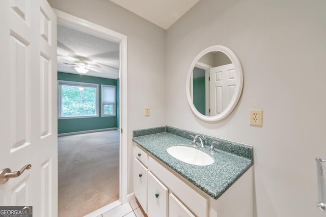 405 W Leslie Ct, Woodstock, GA 30188 - bathroom featuring vanity, a ceiling fan, and a textured ceiling