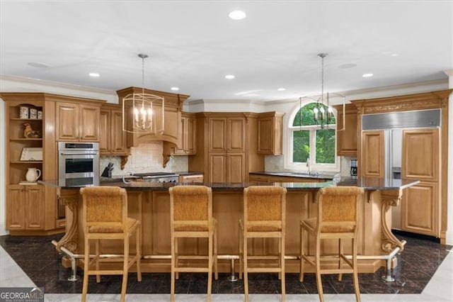 9005 Old Southwick Pass, Alpharetta, GA 30022 - kitchen featuring stainless steel oven, open shelves, a chandelier, dark countertops, and recessed lighting