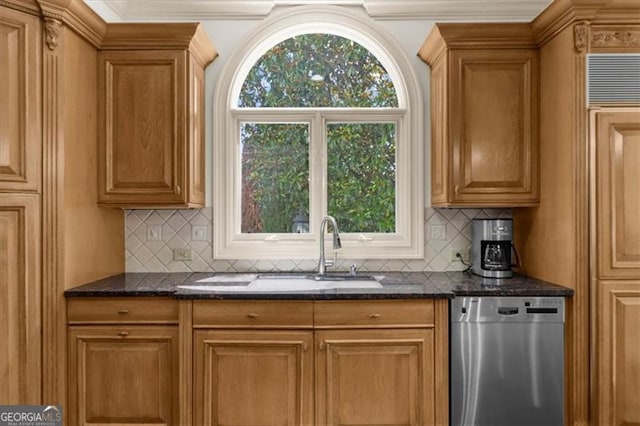 9005 Old Southwick Pass, Alpharetta, GA 30022 - kitchen featuring stainless steel dishwasher, tasteful backsplash, dark stone counters, brown cabinetry, and ornamental molding