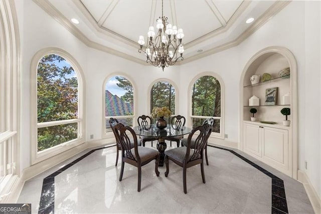 9005 Old Southwick Pass, Alpharetta, GA 30022 - dining room with inlaid floor details, crown molding, built in features, recessed lighting, and healthy amount of natural light