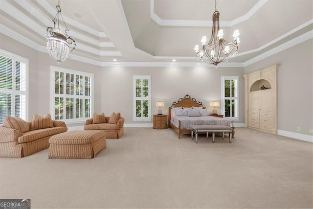 9005 Old Southwick Pass, Alpharetta, GA 30022 - bedroom featuring a chandelier, light colored carpet, crown molding, and a tray ceiling