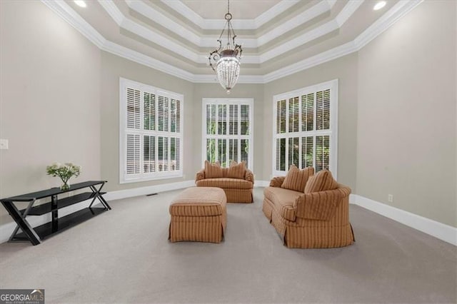 9005 Old Southwick Pass, Alpharetta, GA 30022 - sitting room featuring a raised ceiling, carpet, ornamental molding, a chandelier, and recessed lighting