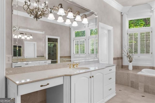 9005 Old Southwick Pass, Alpharetta, GA 30022 - bathroom featuring vanity, a bath, a chandelier, ornamental molding, and a shower with shower door