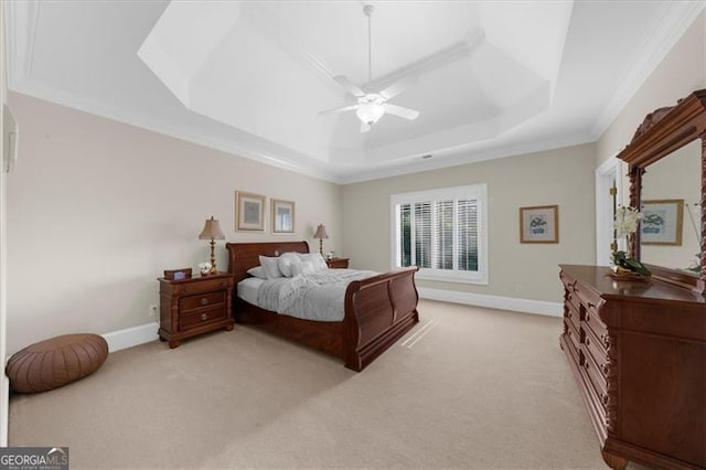 9005 Old Southwick Pass, Alpharetta, GA 30022 - bedroom with a tray ceiling, light colored carpet, ornamental molding, and ceiling fan