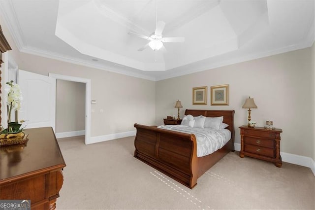 9005 Old Southwick Pass, Alpharetta, GA 30022 - bedroom with a raised ceiling, light carpet, crown molding, and a ceiling fan