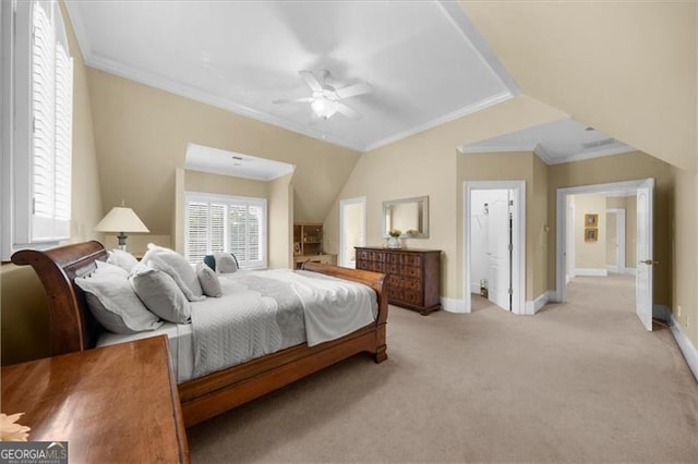9005 Old Southwick Pass, Alpharetta, GA 30022 - bedroom with crown molding, light carpet, and ceiling fan