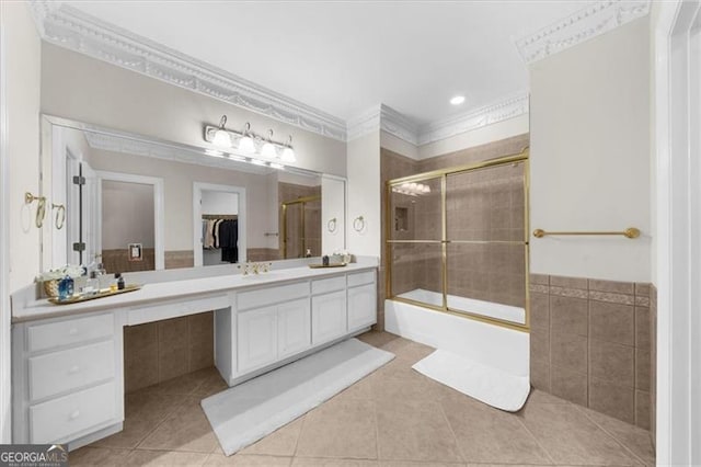 9005 Old Southwick Pass, Alpharetta, GA 30022 - full bath featuring tile patterned flooring, vanity, bath / shower combo with glass door, ornamental molding, and recessed lighting
