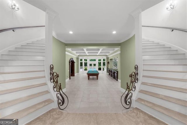 9005 Old Southwick Pass, Alpharetta, GA 30022 - stairs with coffered ceiling, recessed lighting, crown molding, and beamed ceiling