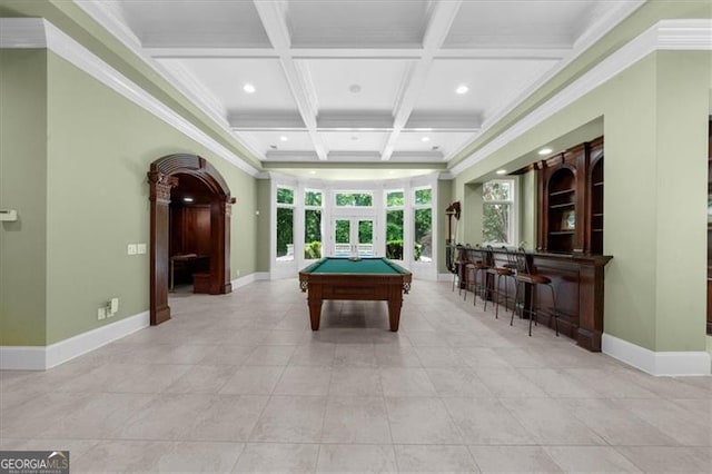 9005 Old Southwick Pass, Alpharetta, GA 30022 - recreation room with coffered ceiling, beamed ceiling, recessed lighting, billiards table, and ornamental molding