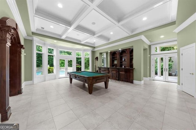 9005 Old Southwick Pass, Alpharetta, GA 30022 - game room featuring french doors, healthy amount of natural light, billiards, coffered ceiling, and a high ceiling