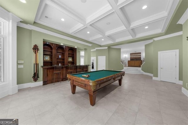 9005 Old Southwick Pass, Alpharetta, GA 30022 - recreation room featuring coffered ceiling, wet bar, billiards, recessed lighting, and beamed ceiling