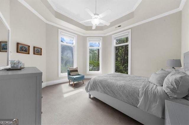 9005 Old Southwick Pass, Alpharetta, GA 30022 - carpeted bedroom with a tray ceiling, crown molding, and ceiling fan