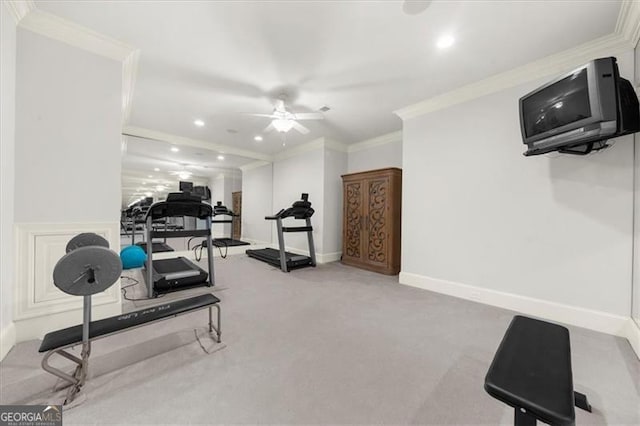 9005 Old Southwick Pass, Alpharetta, GA 30022 - exercise area with a ceiling fan, recessed lighting, carpet flooring, and crown molding
