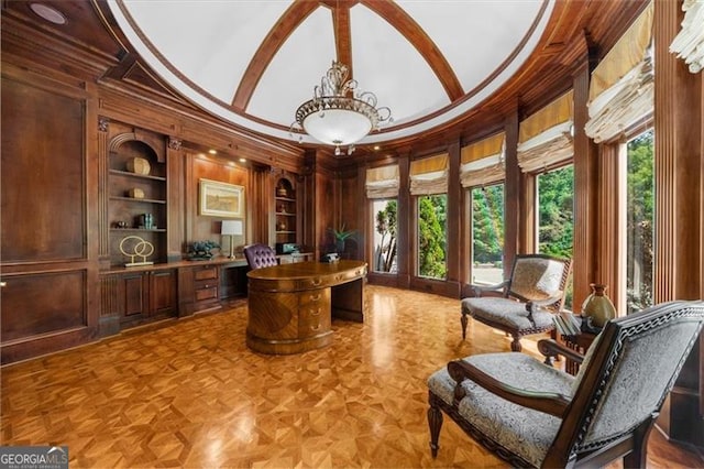 9005 Old Southwick Pass, Alpharetta, GA 30022 - office with wood walls, built in shelves, crown molding, and healthy amount of natural light