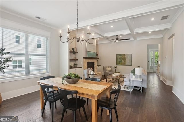 3332 Old Concord Rd SE, Smyrna, GA 30082 - dining area featuring crown molding, coffered ceiling, dark wood finished floors, a warm lit fireplace, and beamed ceiling