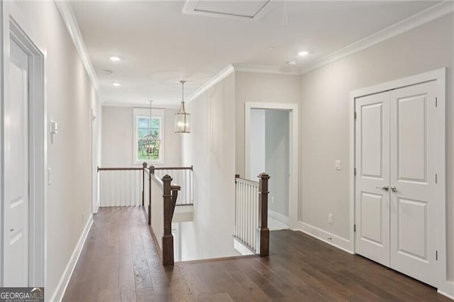 3332 Old Concord Rd SE, Smyrna, GA 30082 - hall featuring an upstairs landing, crown molding, dark wood-style floors, and recessed lighting
