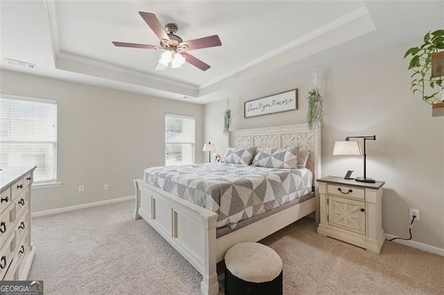 771 Tulip Poplar, Lawrenceville, GA 30044 - bedroom with a raised ceiling, light carpet, and ceiling fan