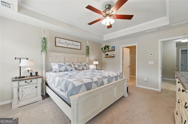 771 Tulip Poplar, Lawrenceville, GA 30044 - bedroom with a tray ceiling, light carpet, crown molding, and a ceiling fan