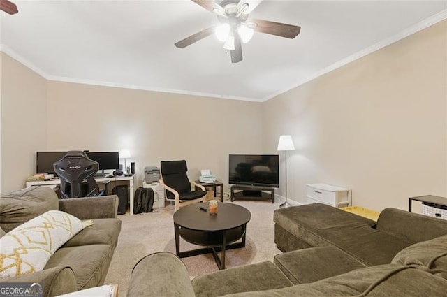 771 Tulip Poplar, Lawrenceville, GA 30044 - living area with a ceiling fan, carpet flooring, crown molding, and a desk
