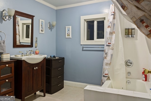 627 E Broughton St, Bainbridge, GA 39817 - full bath featuring vanity, ornamental molding, shower / bathtub combination with curtain, tile patterned floors, and baseboards