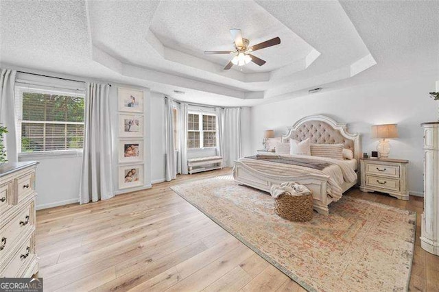 150 Kensley Way, Dallas, GA 30157 - bedroom featuring a textured ceiling, multiple windows, a raised ceiling, light wood-style flooring, and ceiling fan
