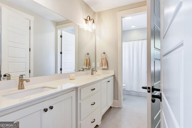 119 Waterview Cir, Newnan, GA 30263 - full bath with double vanity, tile patterned flooring, recessed lighting, and a shower with shower curtain