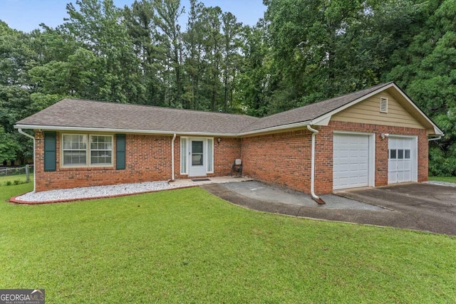 1738 Sherry Ln, Jonesboro, GA 30236 - ranch-style home with a garage, brick siding, driveway, a front lawn, and a shingled roof