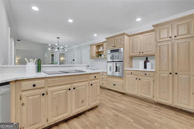 525 Old Path Xing, Roswell, GA 30075 - kitchen featuring black electric cooktop, light brown cabinets, double oven, a chandelier, and open shelves