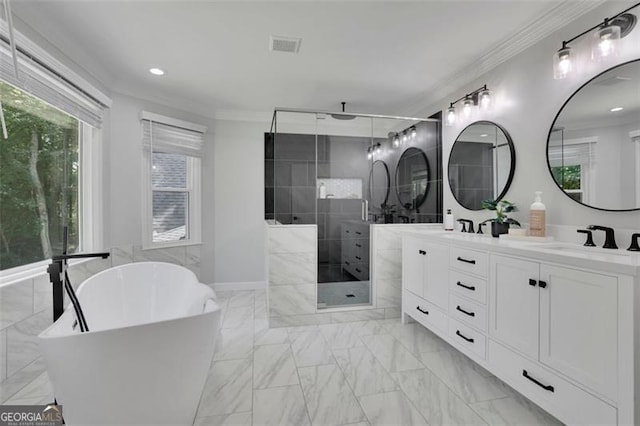 525 Old Path Xing, Roswell, GA 30075 - full bath featuring a shower stall, double vanity, a soaking tub, ornamental molding, and marble look tiles