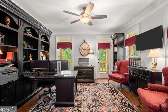 771 Rattlesnake Rdg, Dawsonville, GA 30534 - home office featuring a ceiling fan, wood finished floors, and ornamental molding