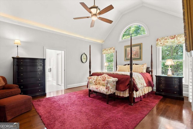 771 Rattlesnake Rdg, Dawsonville, GA 30534 - bedroom featuring multiple windows, wood finished floors, high vaulted ceiling, and ceiling fan