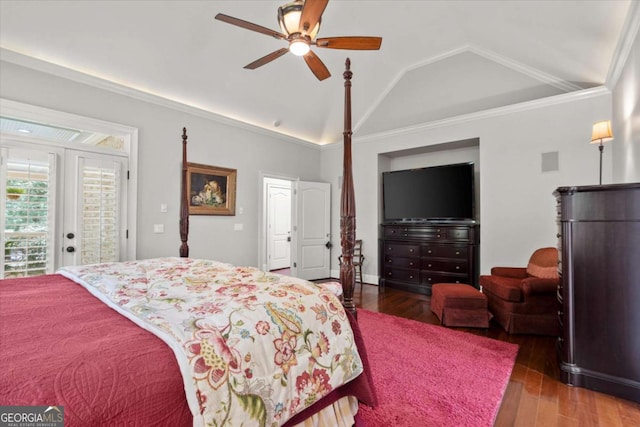771 Rattlesnake Rdg, Dawsonville, GA 30534 - bedroom featuring access to outside, vaulted ceiling, wood-type flooring, and ceiling fan