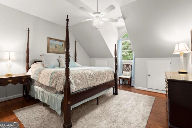 771 Rattlesnake Rdg, Dawsonville, GA 30534 - bedroom featuring wood finished floors, vaulted ceiling, and ceiling fan