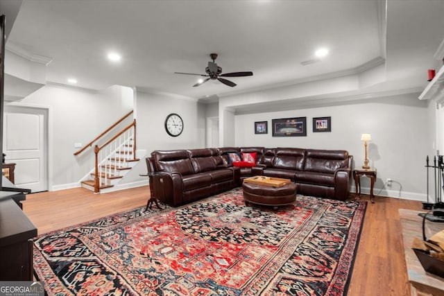 771 Rattlesnake Rdg, Dawsonville, GA 30534 - living room featuring wood finished floors, ceiling fan, crown molding, stairway, and recessed lighting
