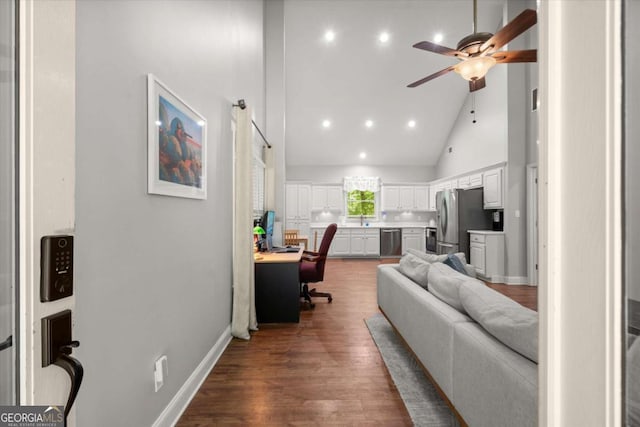 771 Rattlesnake Rdg, Dawsonville, GA 30534 - living area with a ceiling fan, high vaulted ceiling, dark wood finished floors, a desk, and recessed lighting