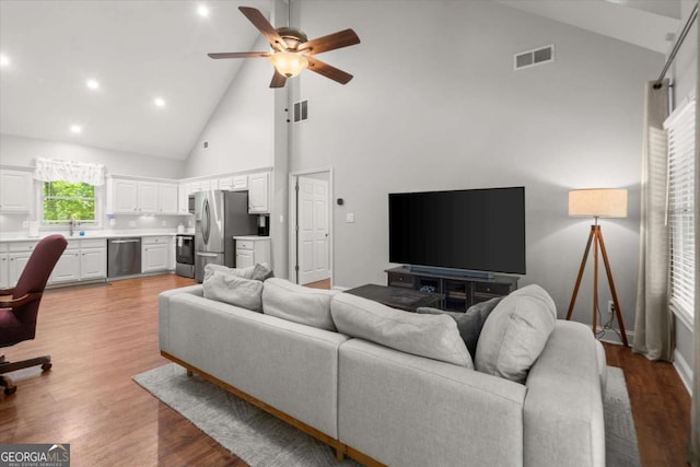 771 Rattlesnake Rdg, Dawsonville, GA 30534 - living room featuring high vaulted ceiling, ceiling fan, light wood-style floors, and recessed lighting