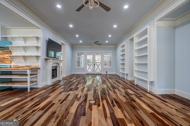 1000 Three Notch Rd, Buckhead, GA 30625 - unfurnished living room featuring a ceiling fan, crown molding, wood finished floors, baseboards, and a fireplace