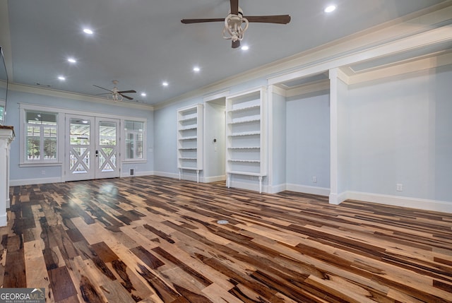 1000 Three Notch Rd, Buckhead, GA 30625 - unfurnished living room with ceiling fan, ornamental molding, wood finished floors, french doors, and recessed lighting