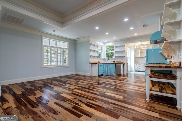 1000 Three Notch Rd, Buckhead, GA 30625 - kitchen featuring open shelves, crown molding, dark wood-type flooring, open floor plan, and recessed lighting