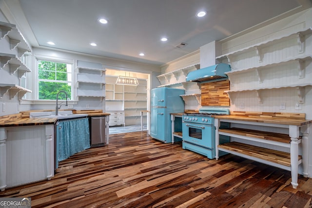 1000 Three Notch Rd, Buckhead, GA 30625 - kitchen featuring open shelves, wooden counters, high end stove, blue cabinets, and wall chimney range hood
