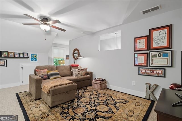 100 Yunsoo Pl E, Big Canoe, GA 30143 - carpeted living room with a ceiling fan, lofted ceiling, and baseboards