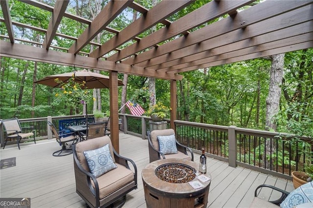 100 Yunsoo Pl E, Big Canoe, GA 30143 - wooden deck featuring outdoor dining area, a fire pit, and a pergola