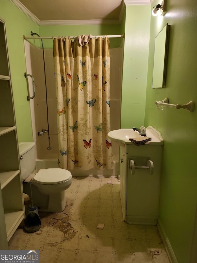 288 7th Ave, Winder, GA 30680 - full bath with crown molding, toilet, shower / bath combination with curtain, tile patterned floors, and a sink